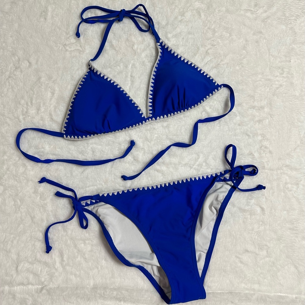 Boutique royal blue side tie high cut front bikini bottom L mod coverage back